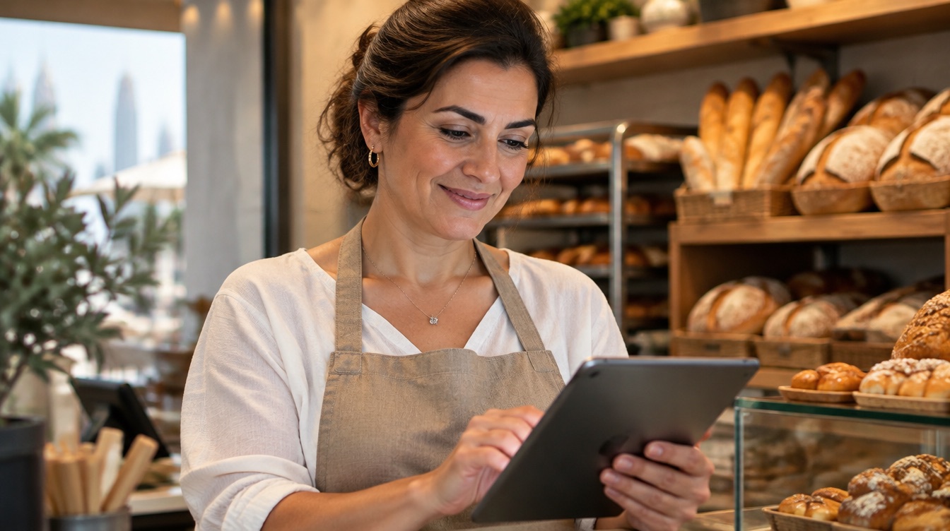 A bakery owner checking orders on a tablet