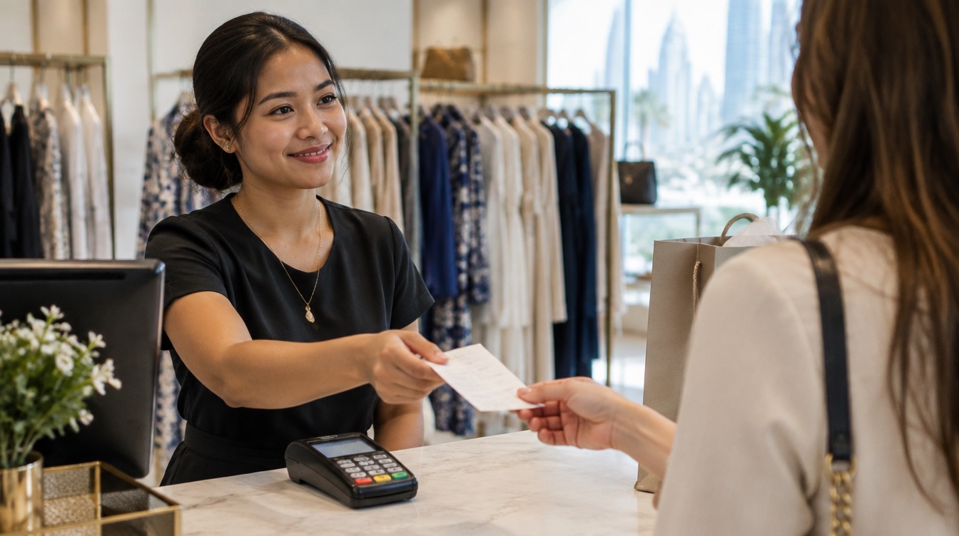 A shop assistant handing a receipt to a customer