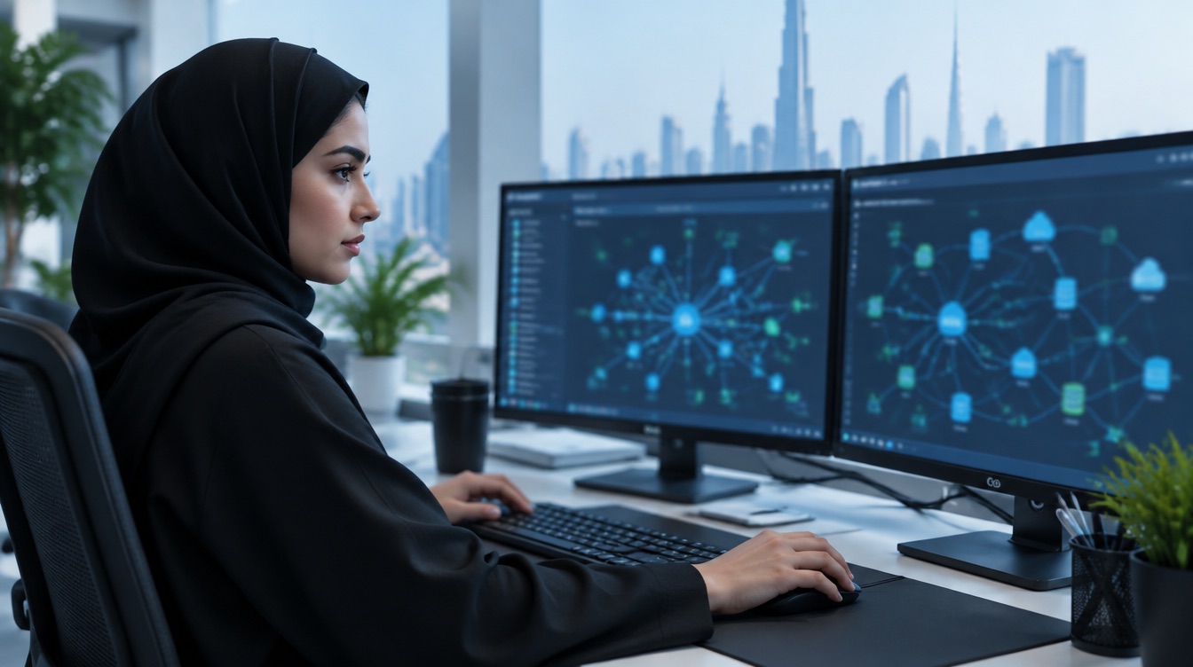 An IT specialist connecting systems on two screens