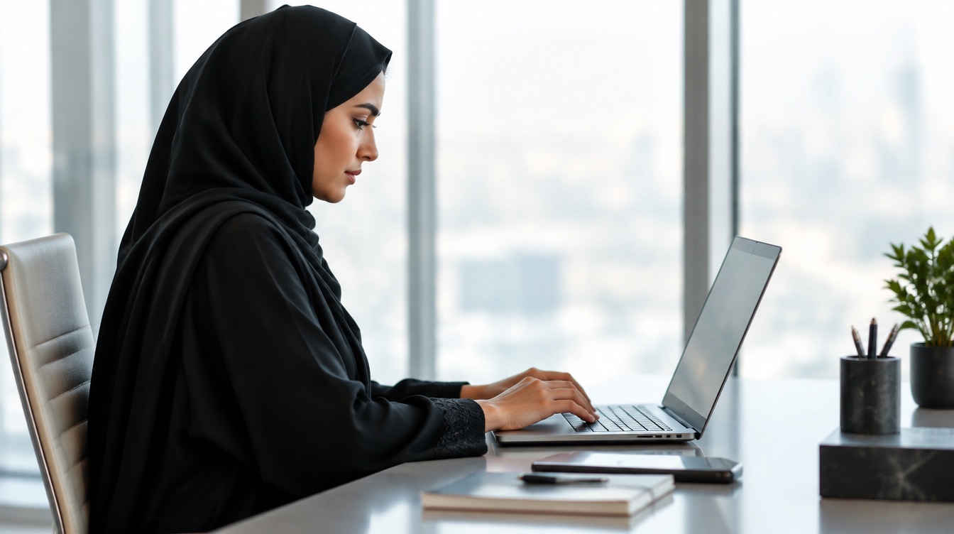 سيدة أعمال إماراتية تراجع فاتورة على حاسوبها
