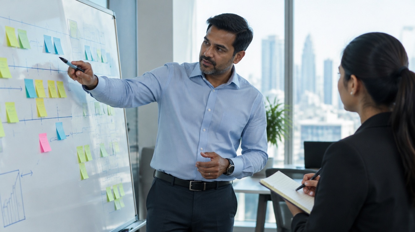 A finance manager planning a timeline on a whiteboard