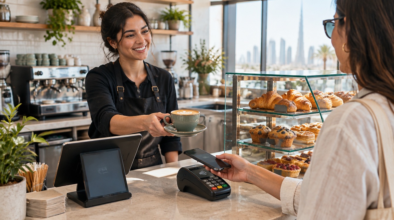 A barista in a Dubai café hands over a coffee while a customer pays by phone at the counter