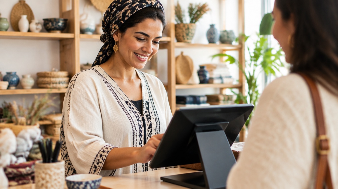 Une gérante de boutique encaisse une cliente sur une caisse tactile