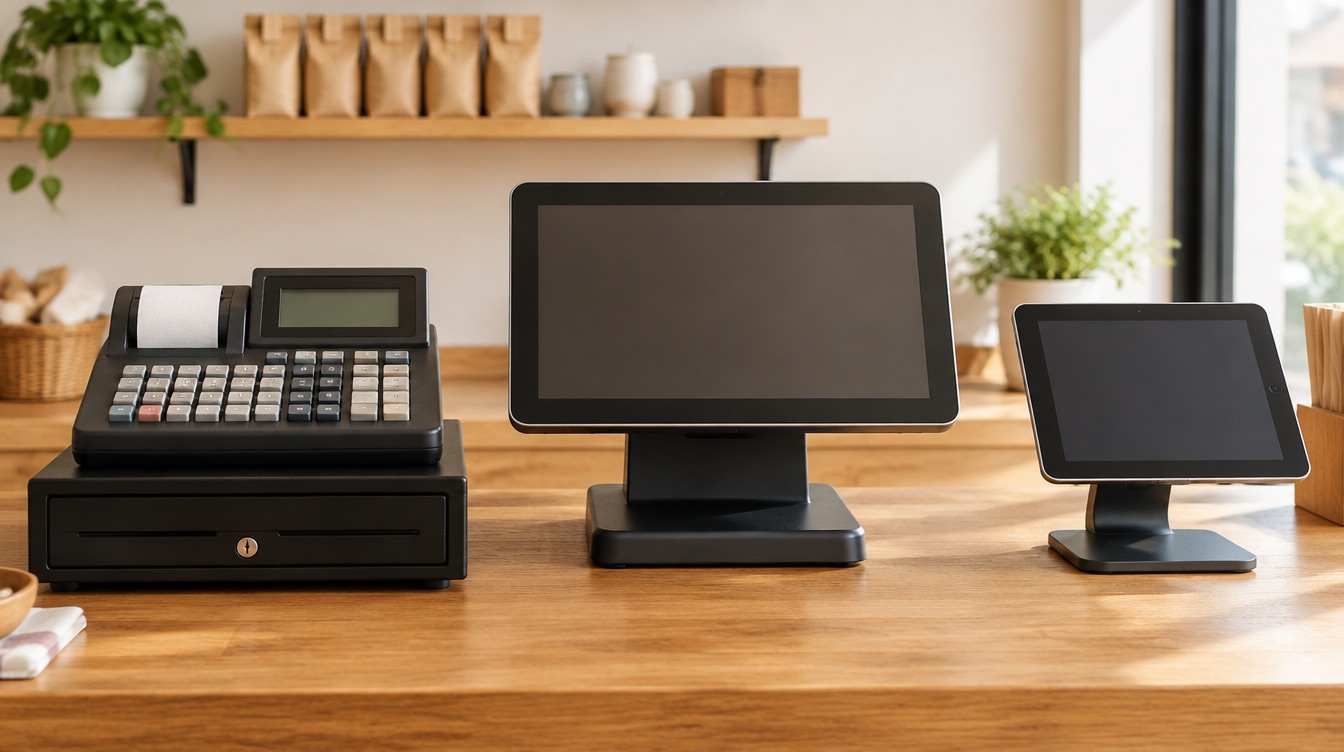 Une caisse classique, une caisse tactile et une tablette posées côte à côte sur un comptoir