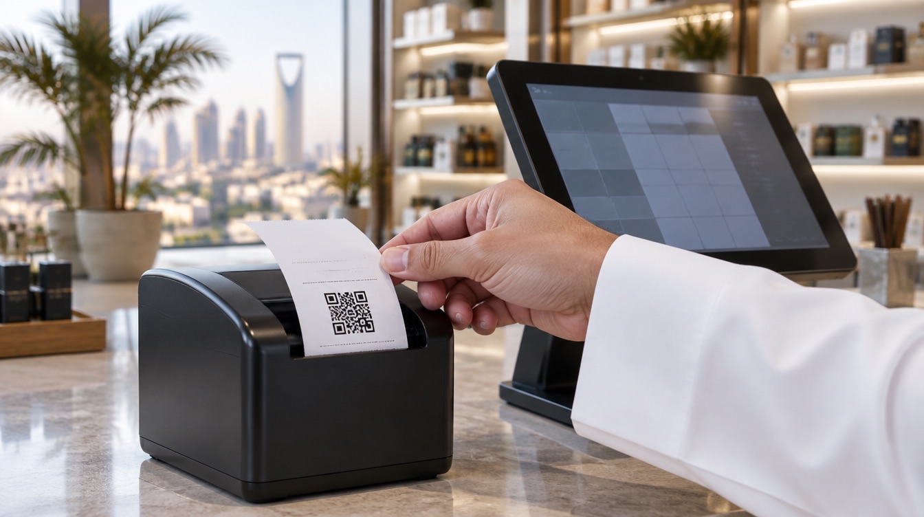 إيصال يحمل رمز QR يخرج من طابعة بجانب جهاز كاشير بشاشة لمس