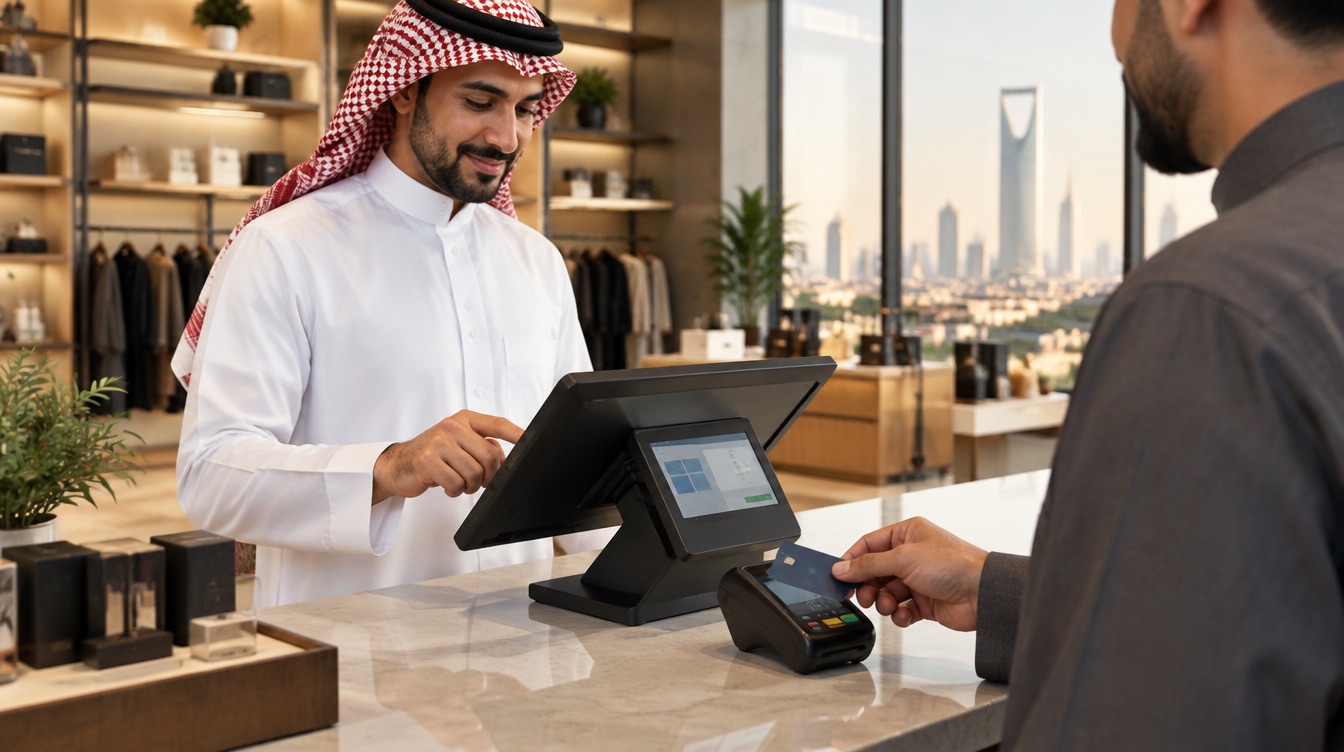 صاحب متجر في الرياض يسجل عملية بيع على نظام كاشير بينما يدفع العميل بالبطاقة