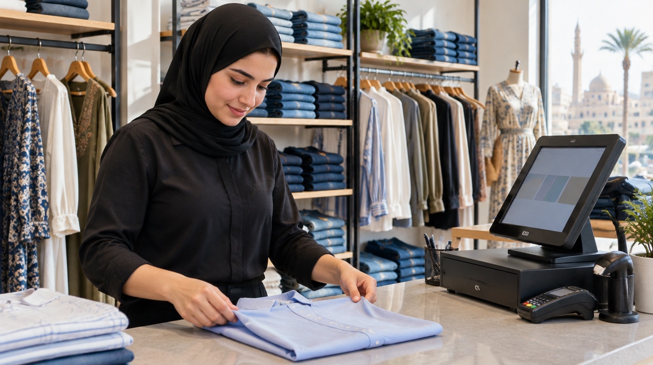 بائعة في محل ملابس تطوي قميصًا بجانب جهاز الكاشير