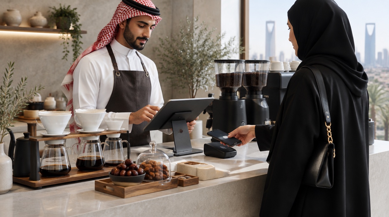 باريستا في مقهى بالرياض يأخذ طلبًا على تابلت والعميلة تدفع بهاتفها