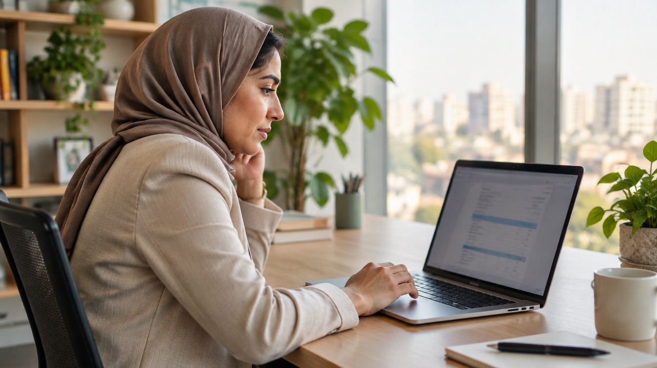 An Egyptian businesswoman reviewing an invoice on her laptop