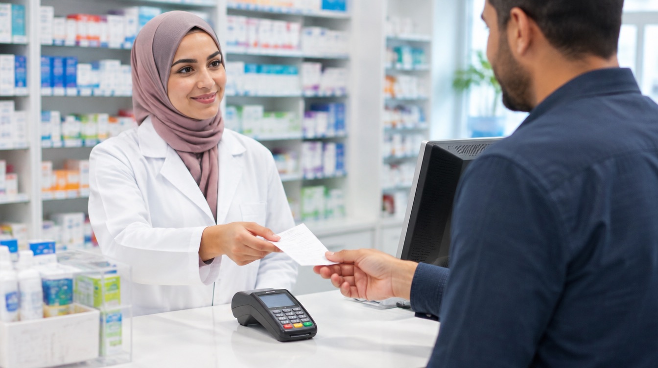 صيدلانية تسلّم إيصالًا لعميل في صيدلية
