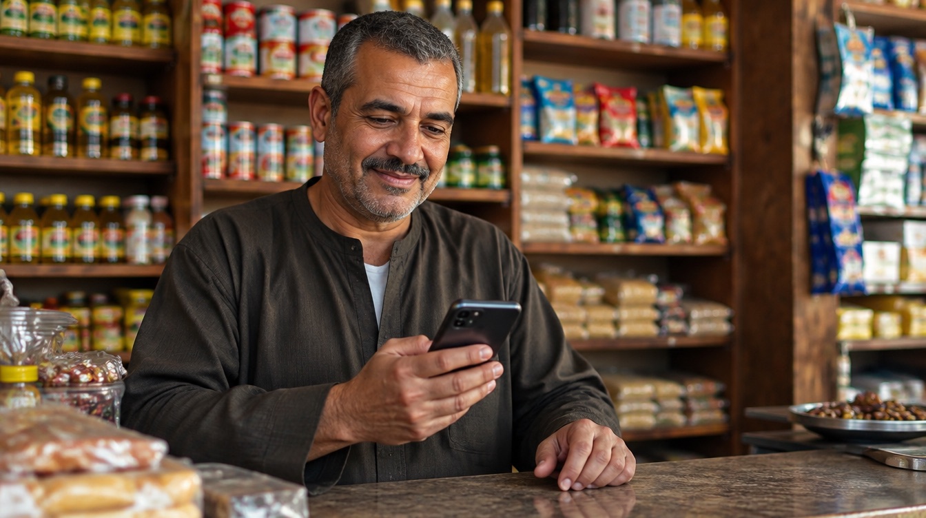 صاحب بقالة صغيرة يستخدم هاتفه في محله