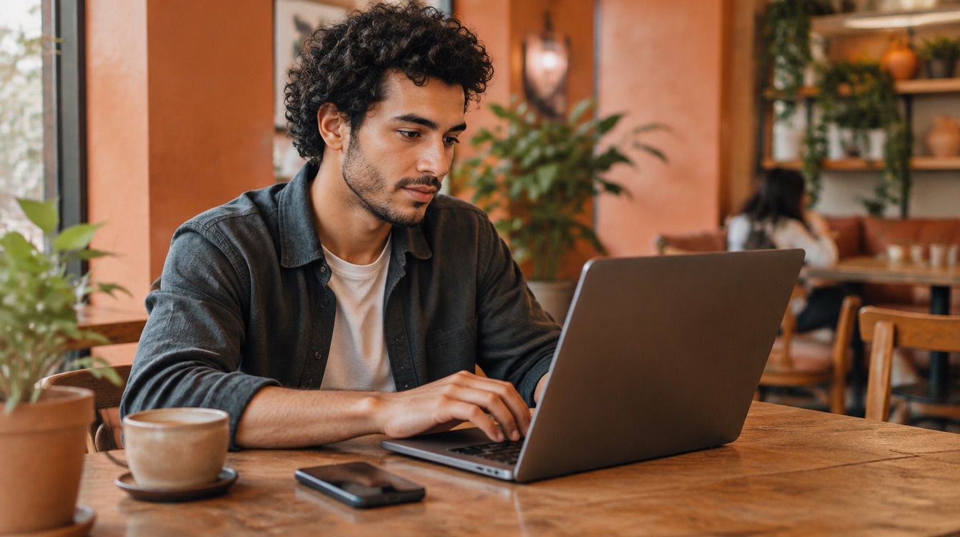 Un graphiste indépendant travaille sur son ordinateur portable dans un café