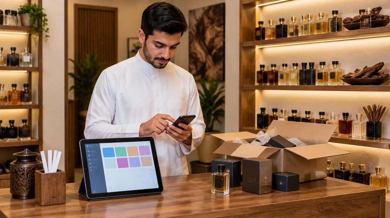 صاحب محل عطور في الدمام يجهّز برنامج الكاشير على جواله وجهاز لوحي