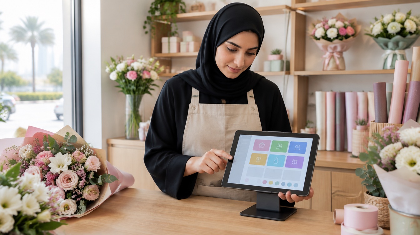 The owner of a new flower shop in Sharjah sets up a POS app on a tablet before opening