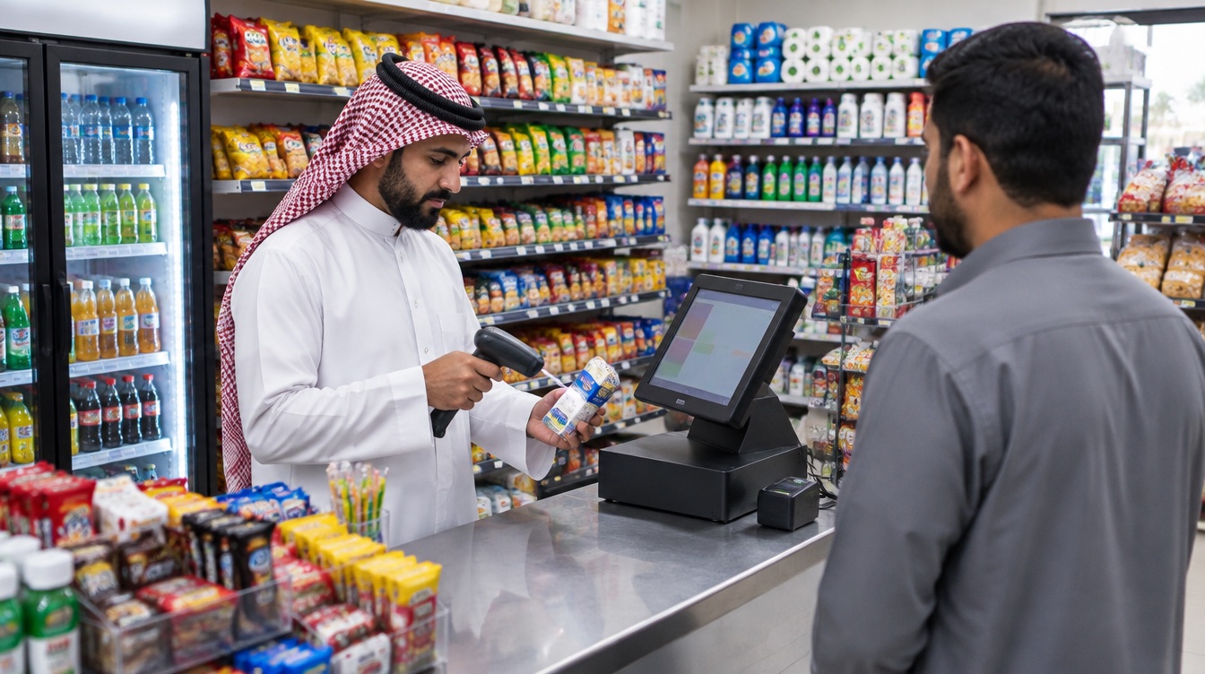 صاحب بقالة يمسح منتجًا على جهاز كاشير صغير أمام عميل