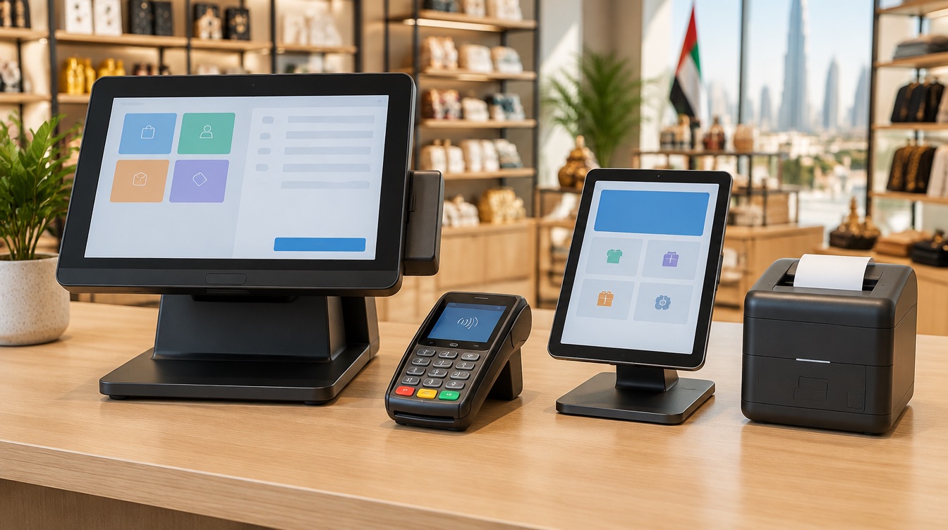 A touchscreen POS machine, a card terminal, a tablet and a receipt printer on a store counter