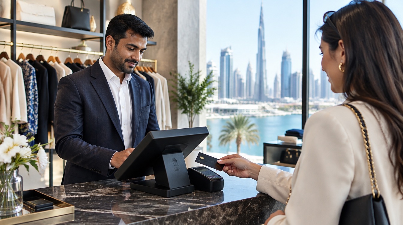 A shop manager in Dubai completes a sale on a touchscreen POS while a customer taps a card