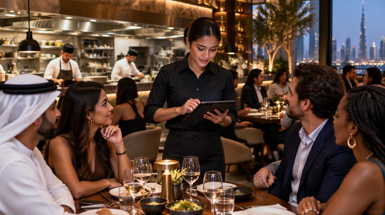 A waitress in a Dubai restaurant takes an order on a tablet at a table of guests