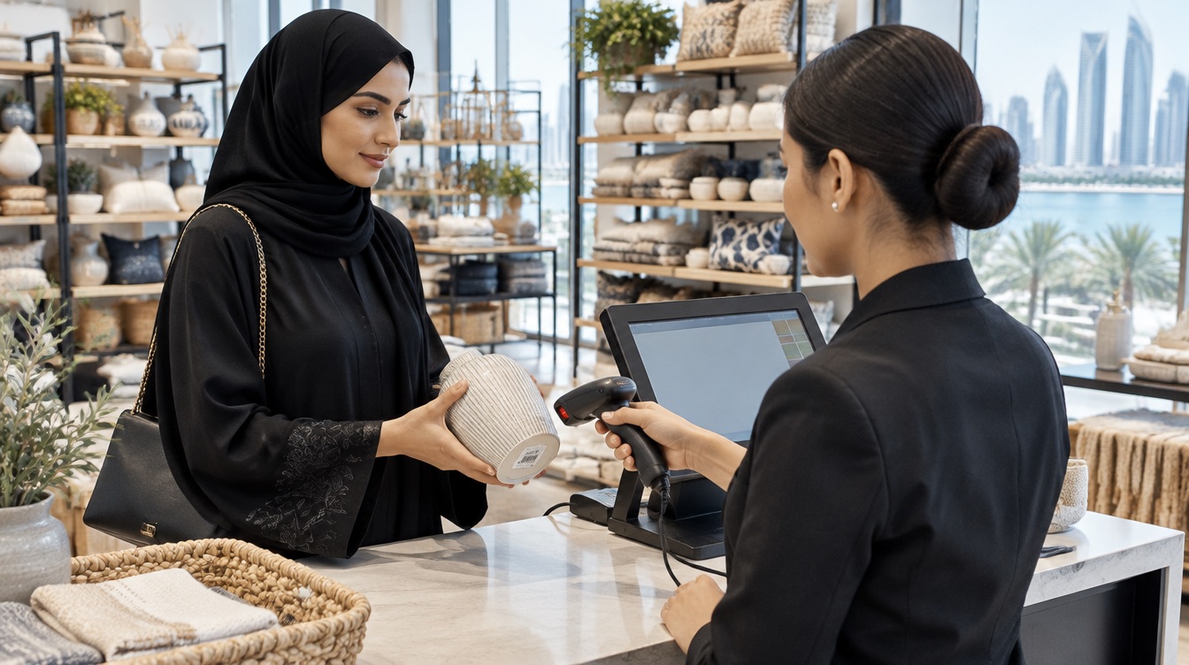 A sales associate in an Abu Dhabi store scans a product at the POS checkout