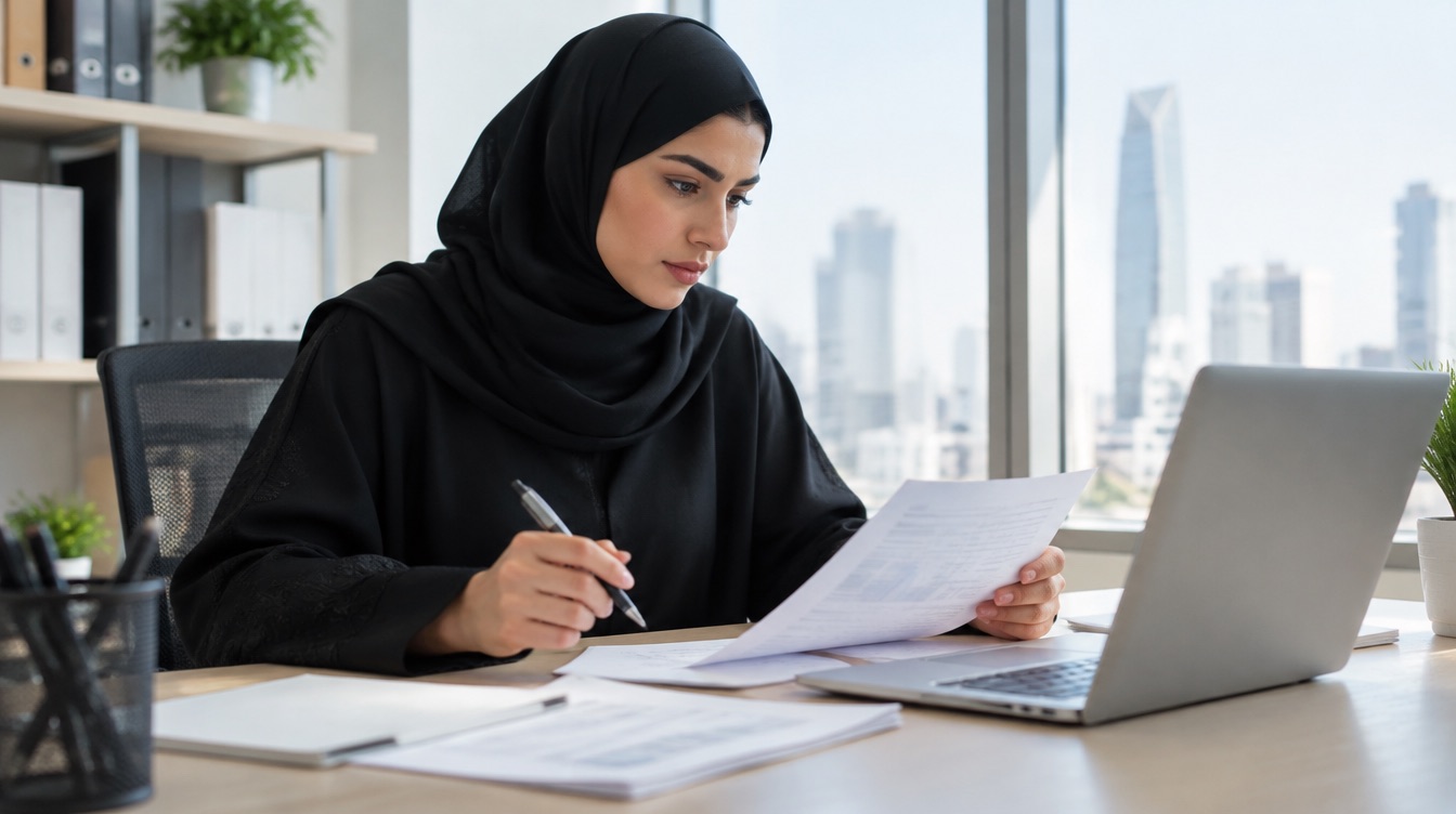 A Saudi accountant reviewing invoice details