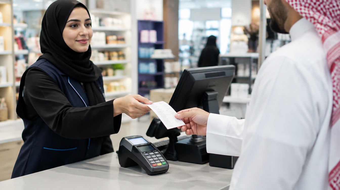 كاشيرة تسلّم إيصالًا لعميل في متجر