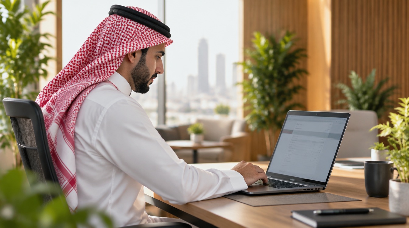 A Saudi businessman reviewing an invoice on his laptop
