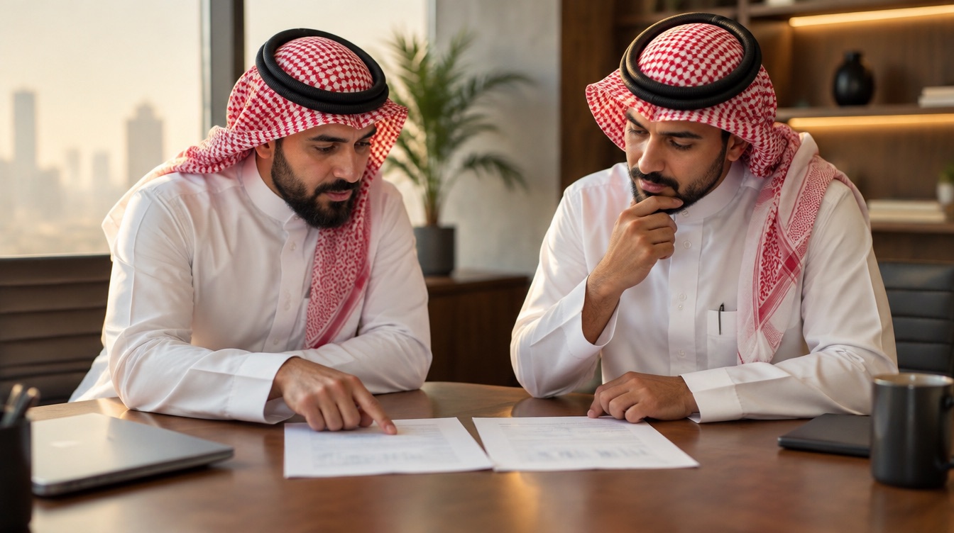 Two Saudi business partners comparing two documents