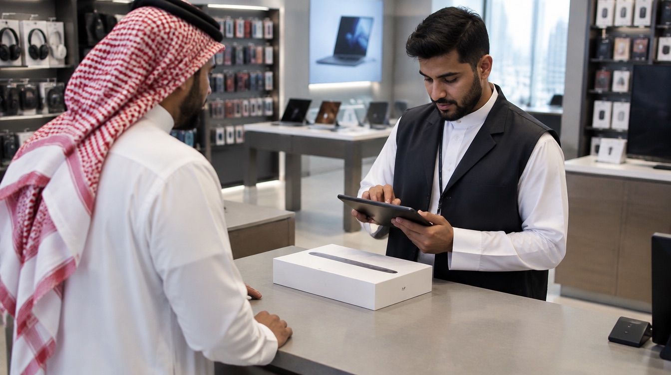 موظف يعالج إرجاع منتج في متجر إلكترونيات