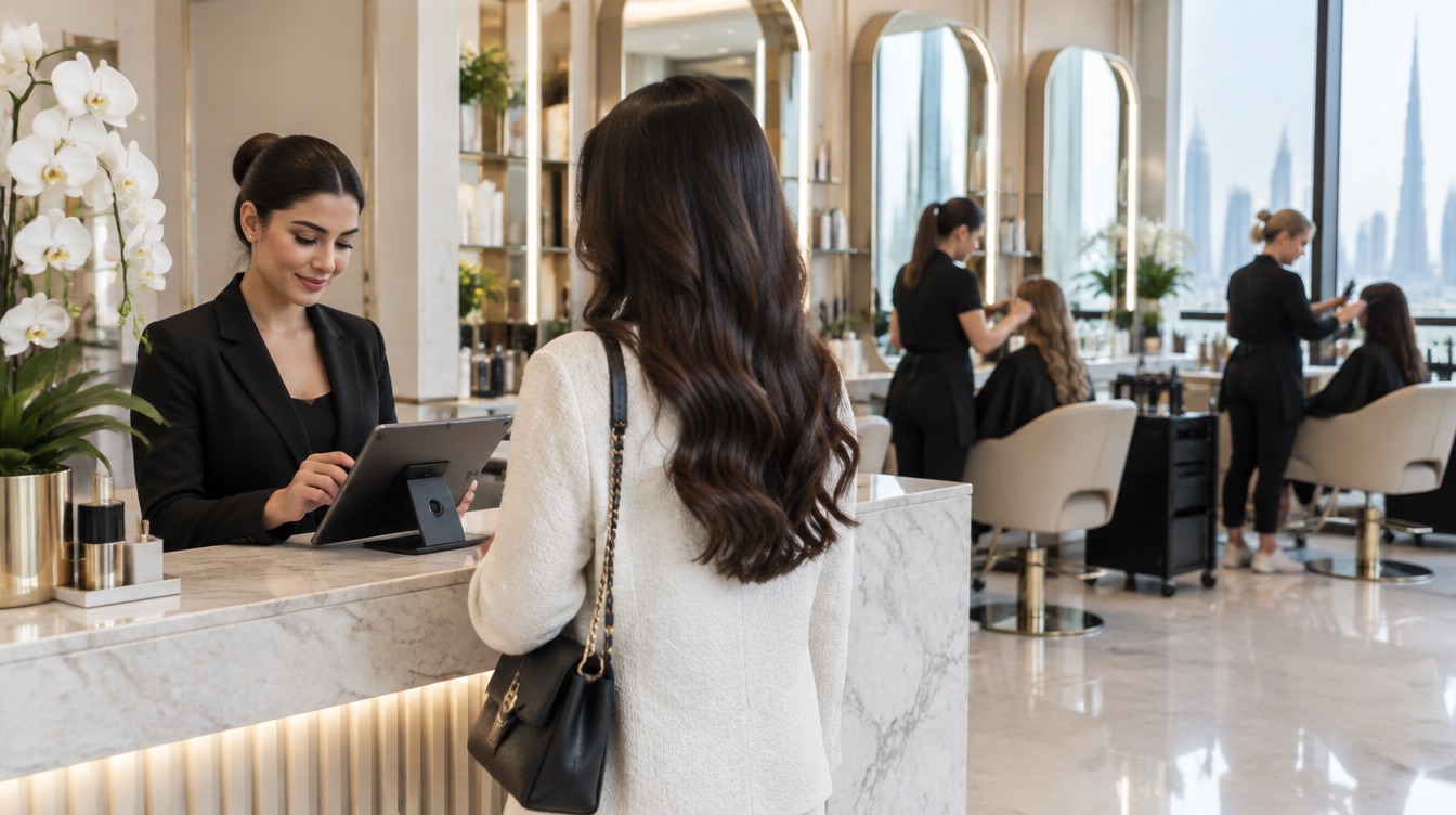 A salon receptionist in Dubai checks a client out on a tablet POS