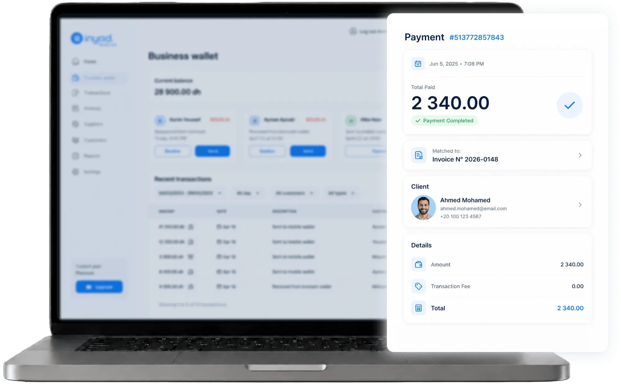 un paiement rapproché de sa facture et de son client, avec le montant et le détail du règlement