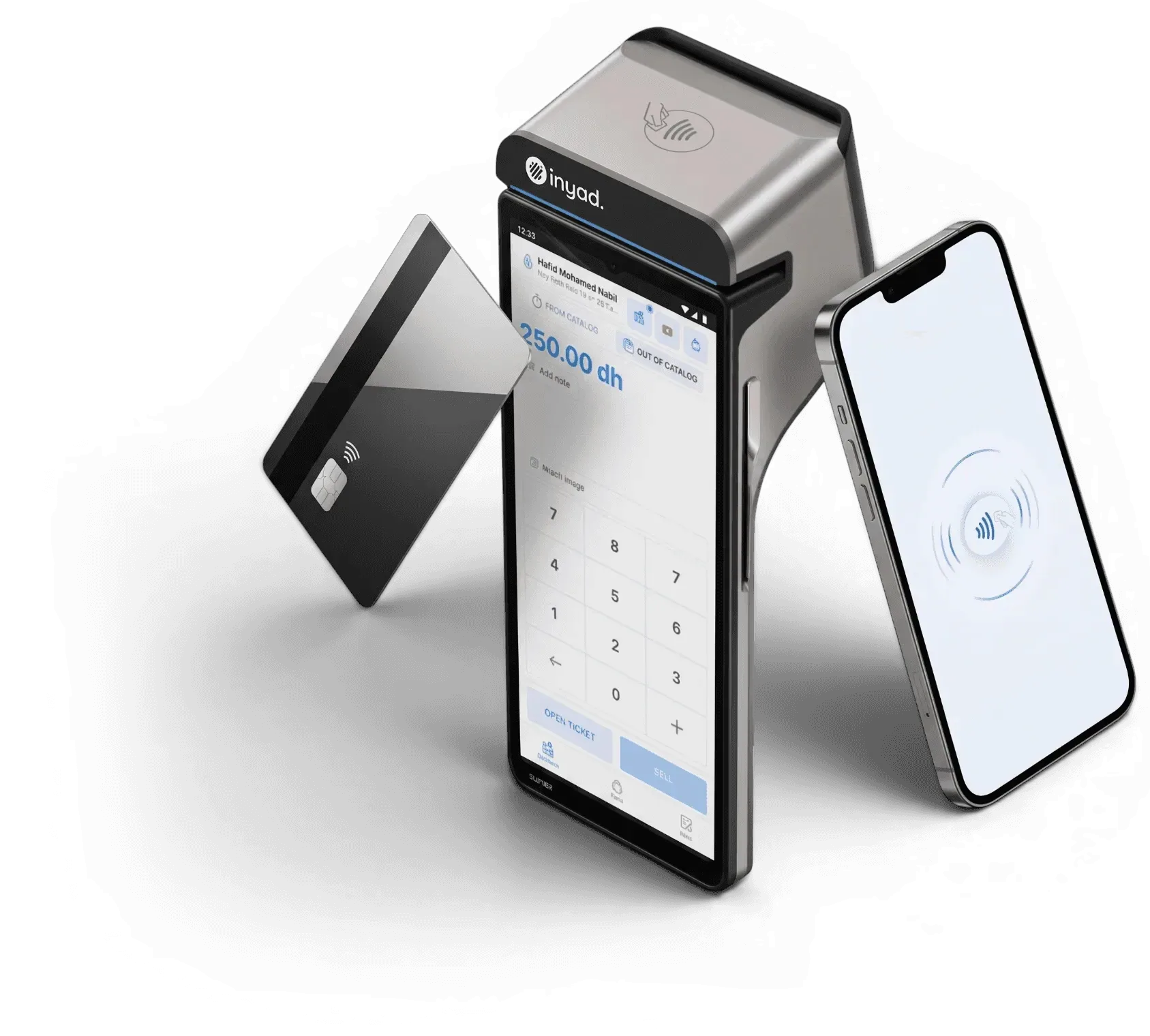le TPE inyad, une carte bancaire approchée et un téléphone en paiement sans contact