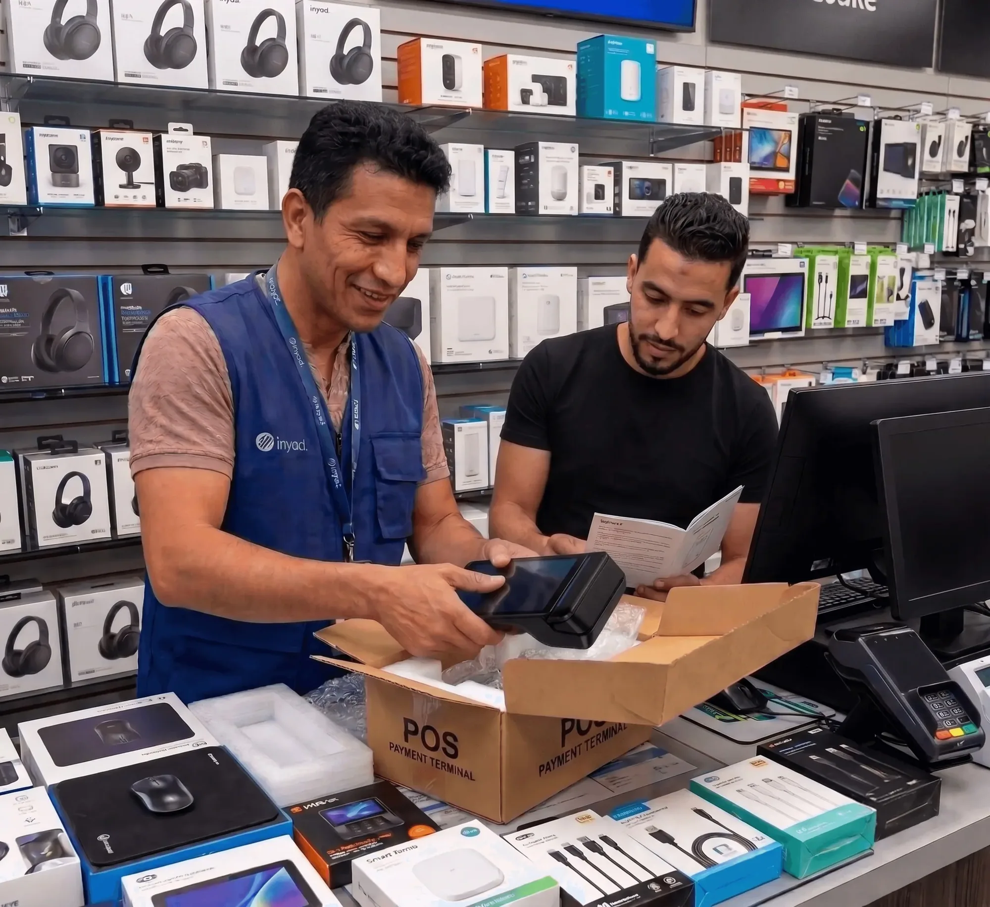un commerçant qui déballe son terminal de paiement, accompagné par notre équipe dans sa boutique