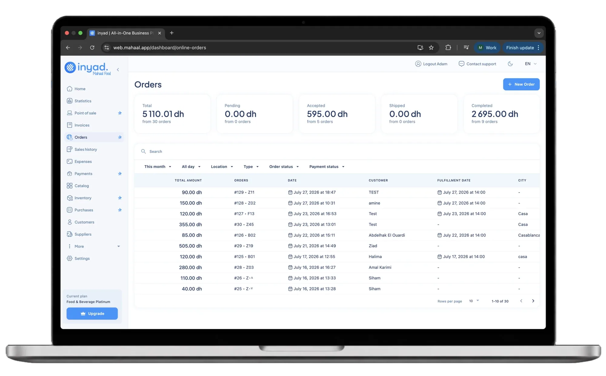 the orders dashboard on a laptop, totals by status