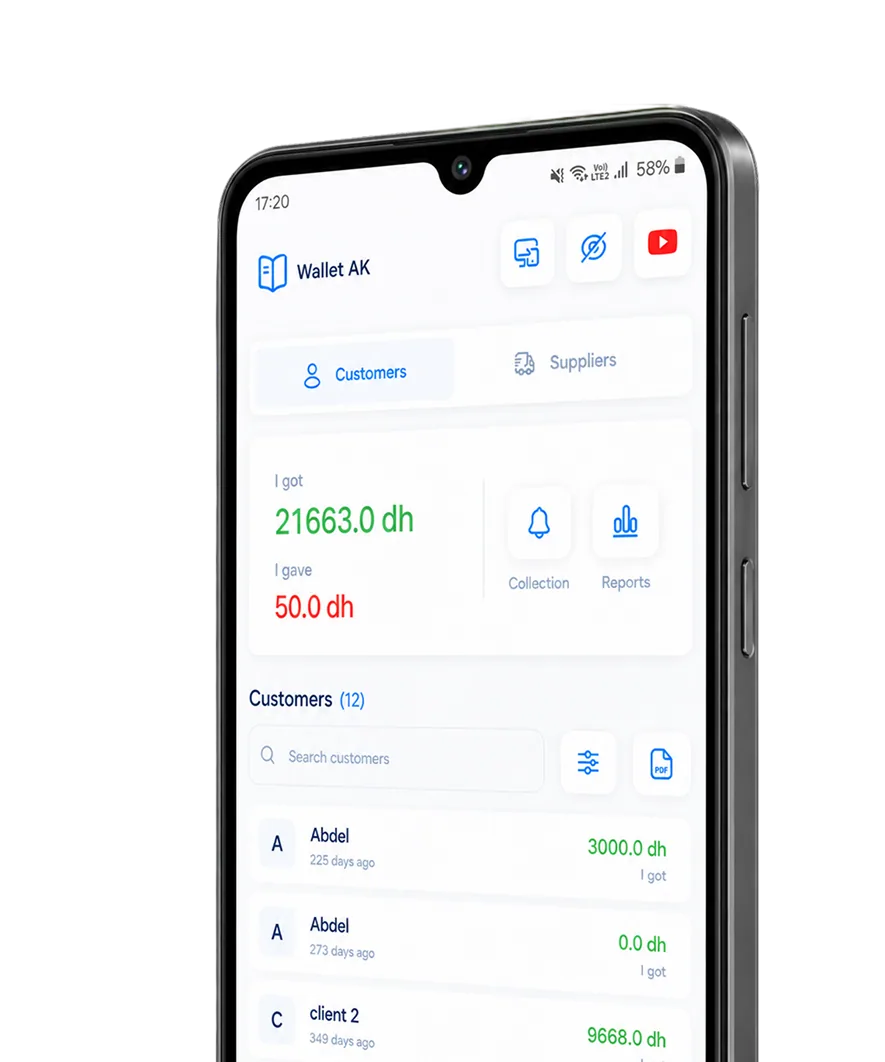the Konnash app showing a customer credit balance and cashbook on a phone