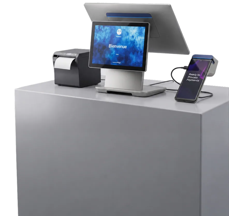 the inyad POS setup on a shop counter, with screen, receipt printer and payment terminal