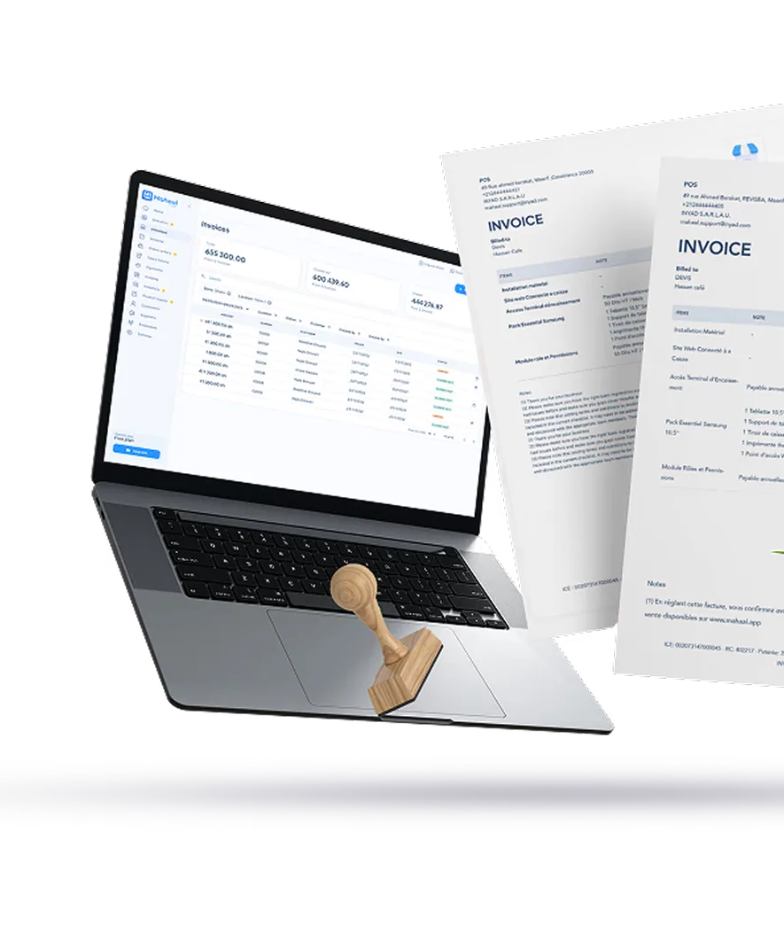 the inyad Invoicing app on a laptop next to printed invoices