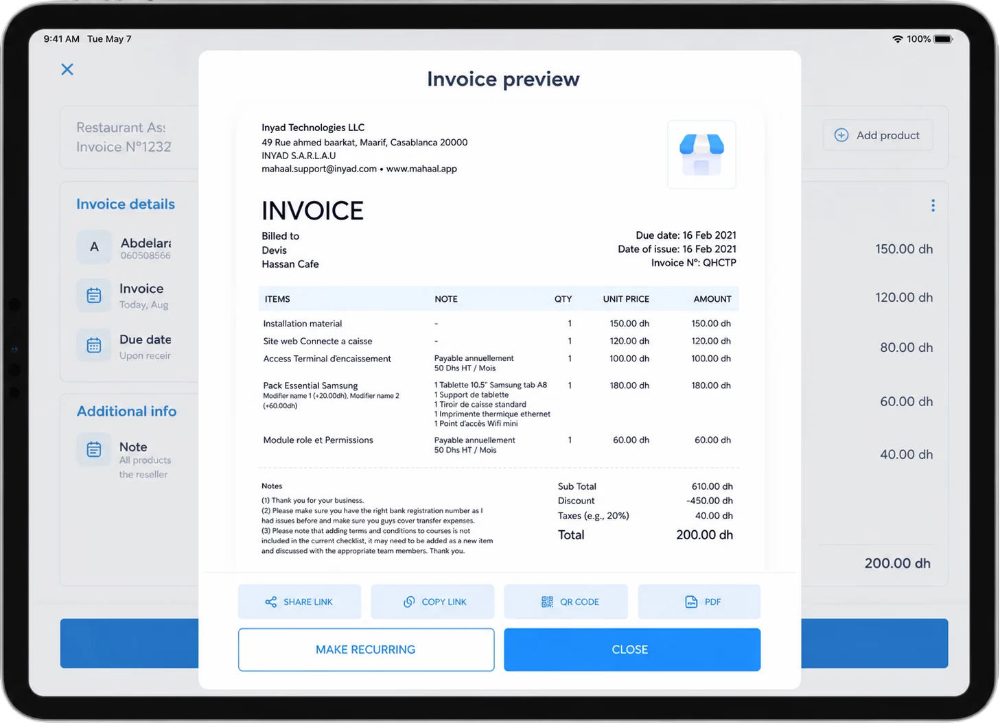 un aperçu de facture avec lien de partage, QR code et export PDF