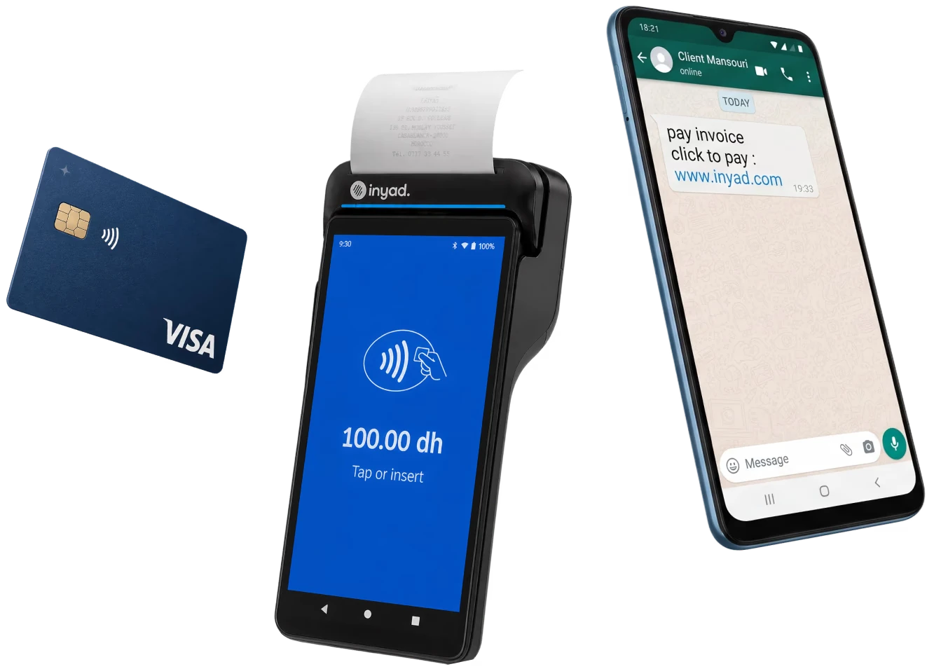 une carte bancaire, un terminal de paiement et un lien de paiement WhatsApp
