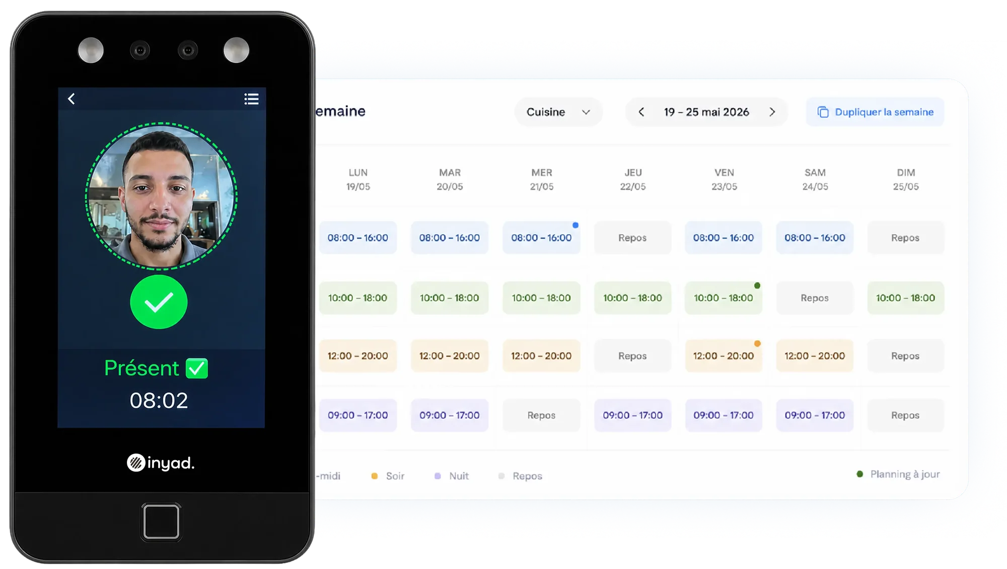 inyad Staff: face clock-in device and the weekly team schedule