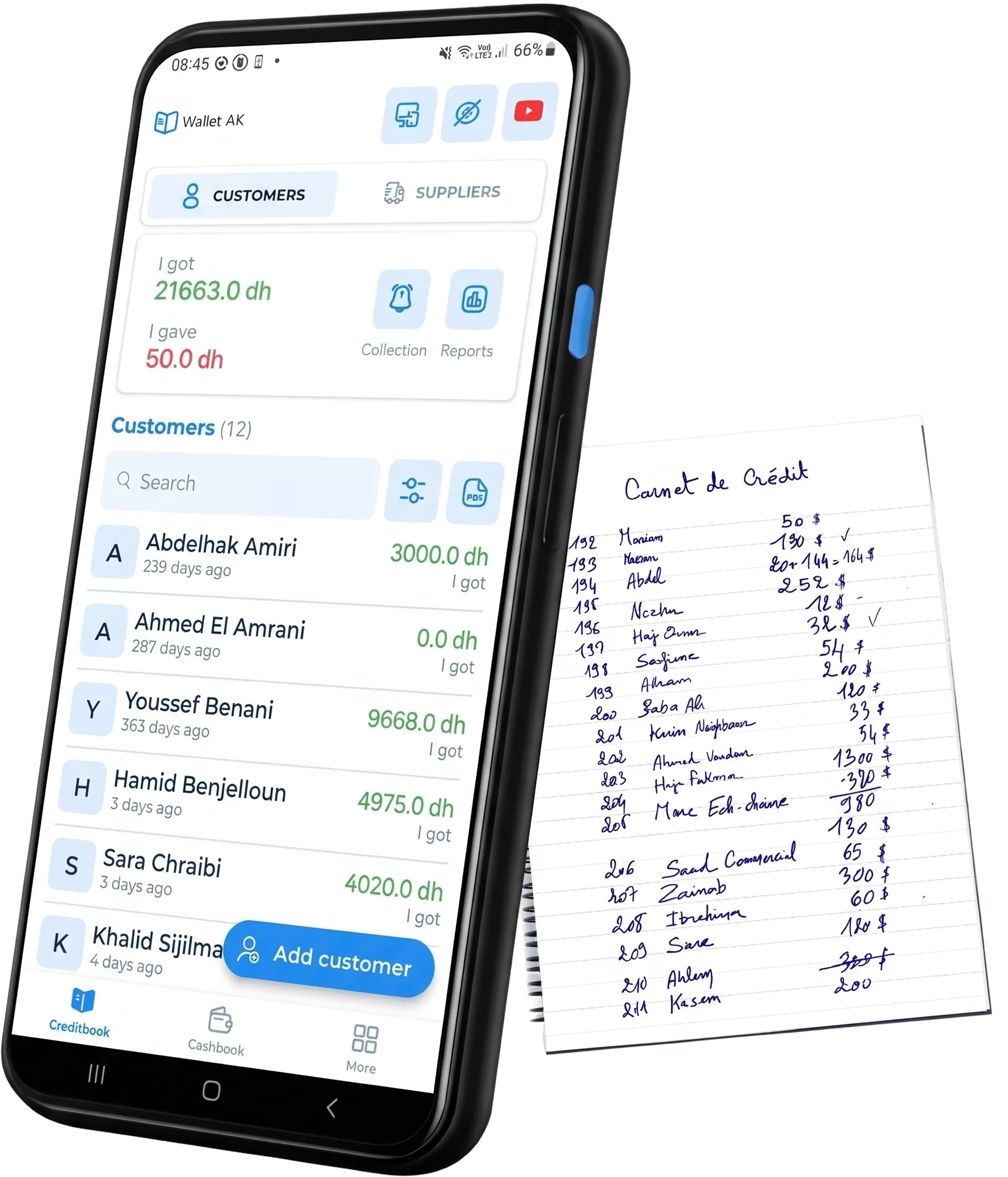 the Konnash app's credit book next to the paper credit notebook it replaces