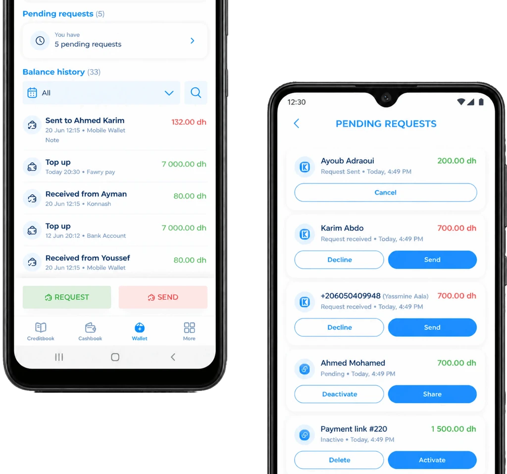 the wallet with balance history and pending requests