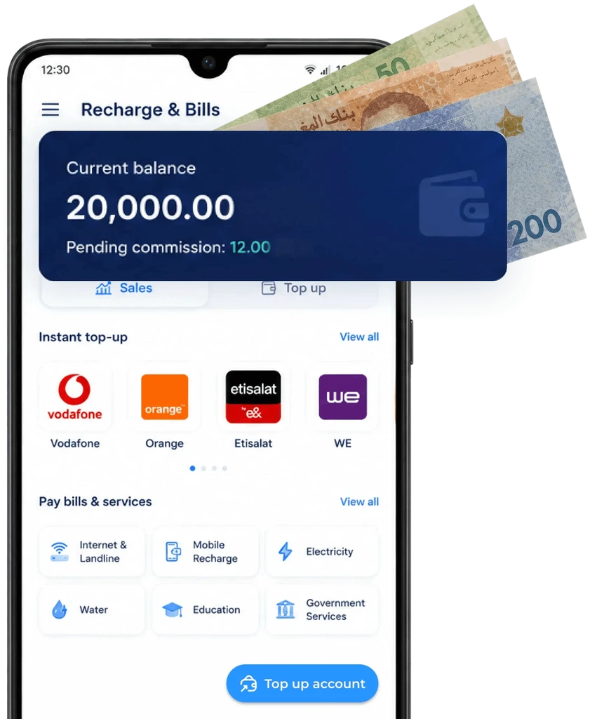 the agent app showing the current balance and pending commission, with cash at the counter