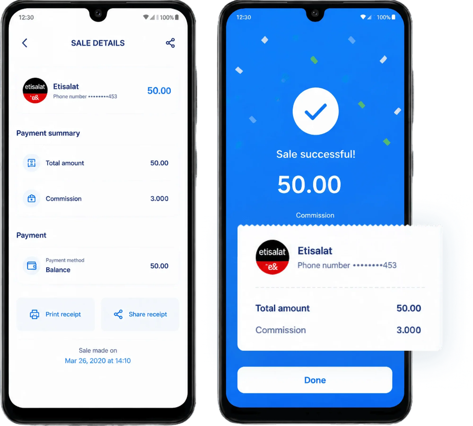 a phone showing a completed sale and the commission credited instantly