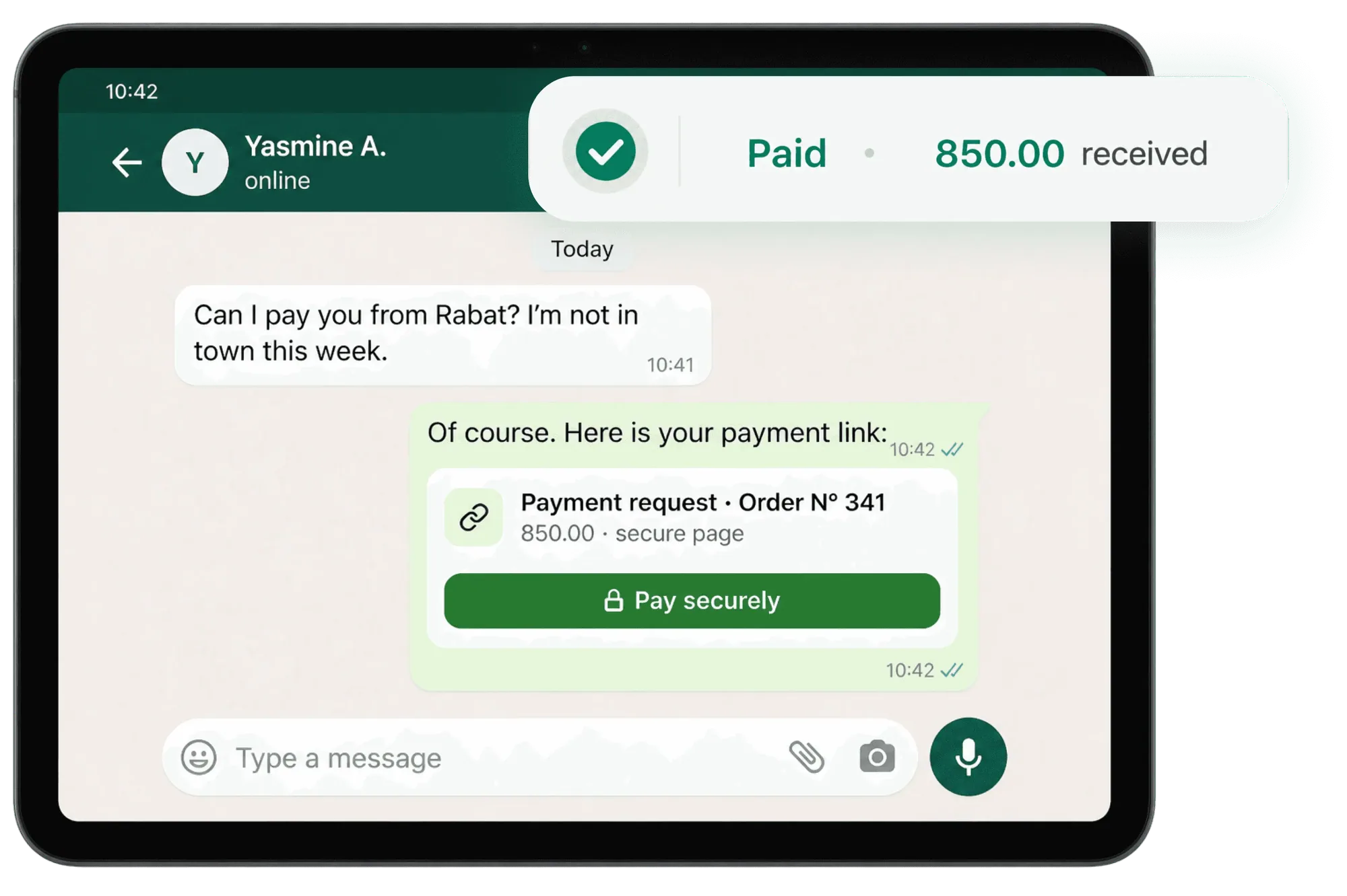 محادثة WhatsApp فيها رابط دفع مؤشَّر عليه: مدفوع، على لوحة