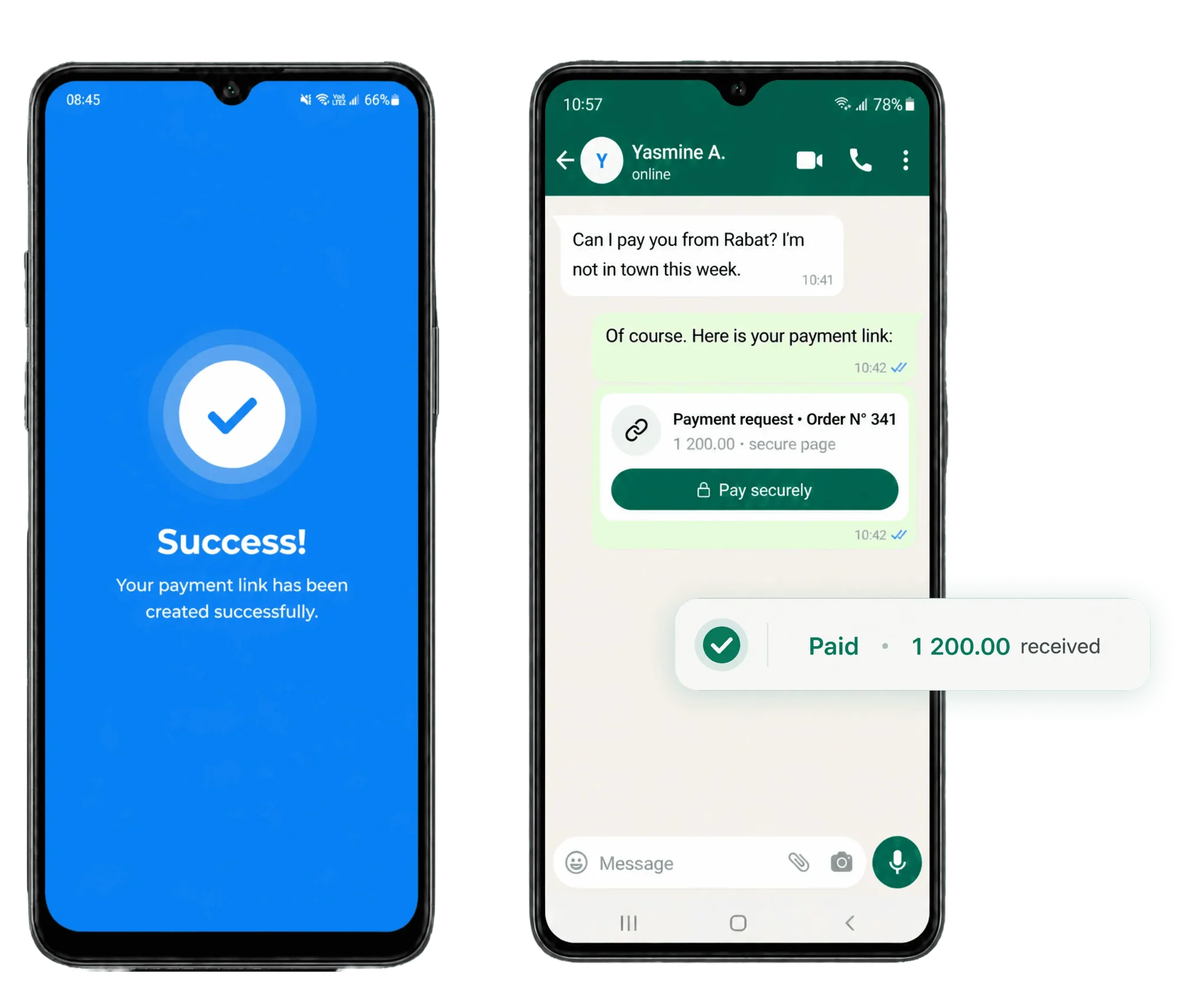 هاتف يعرض رابط دفع أُنشئ بنجاح، إلى جانب محادثة WhatsApp مؤشَّر عليها: مدفوع