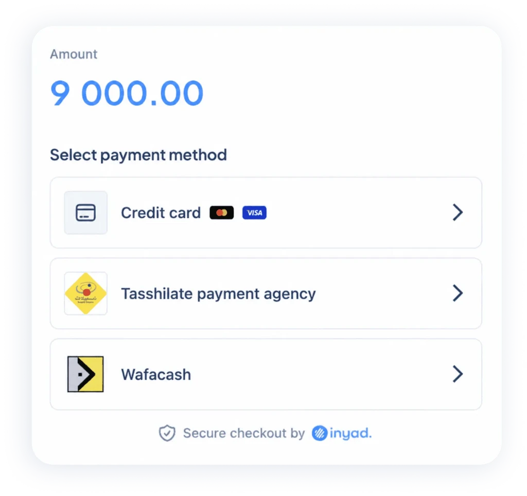 صفحة دفع آمنة تعرض وسائل الدفع: البطاقة البنكية، ووكالة تسهيلات، وWafacash