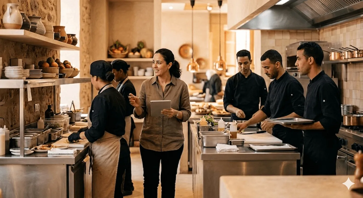 صاحب المطعم مع فريق مطبخه