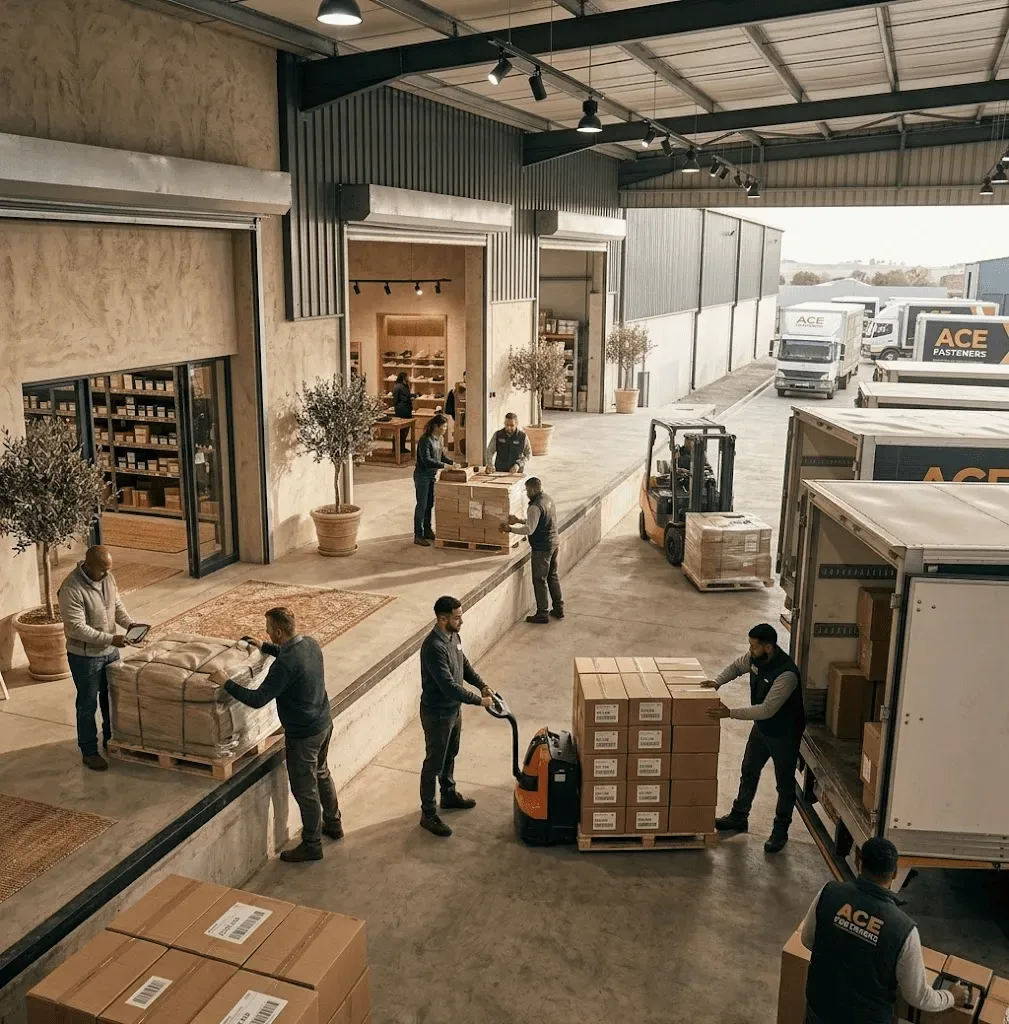 Depot on a busy morning, goods being loaded